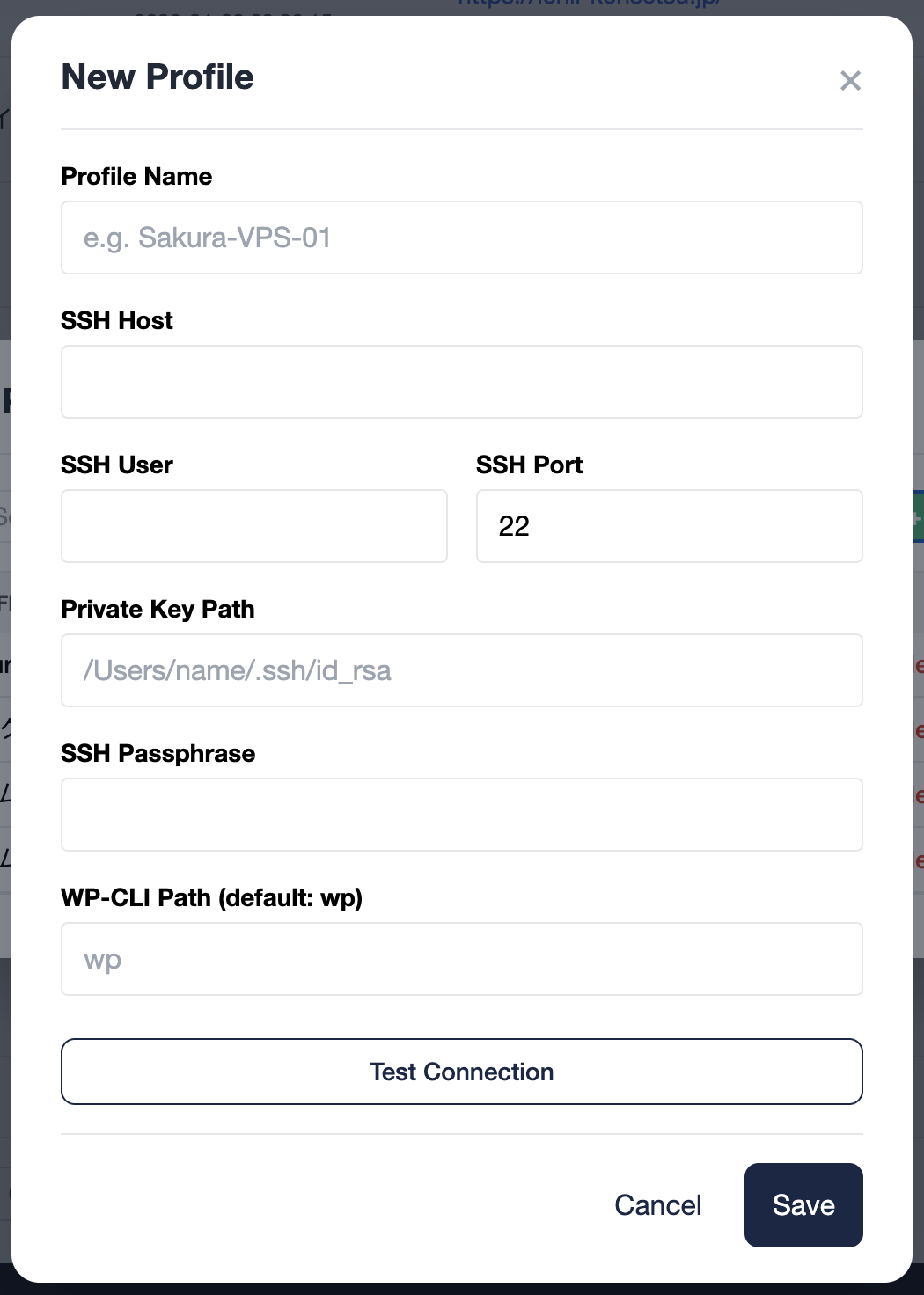 SSH Profile Edit Modal (including Test Connection button)